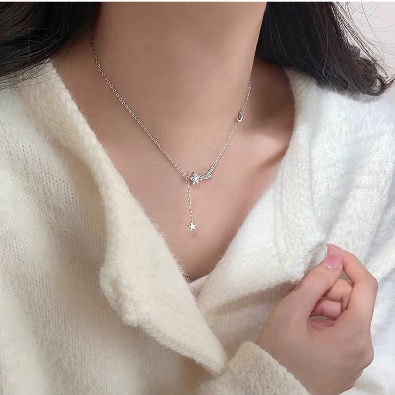 現貨流星項鍊女輕奢小眾設計感長款帶鑽五角星鎖骨鏈鈦鋼流蘇星星吊墜【開運堂】(R2596)